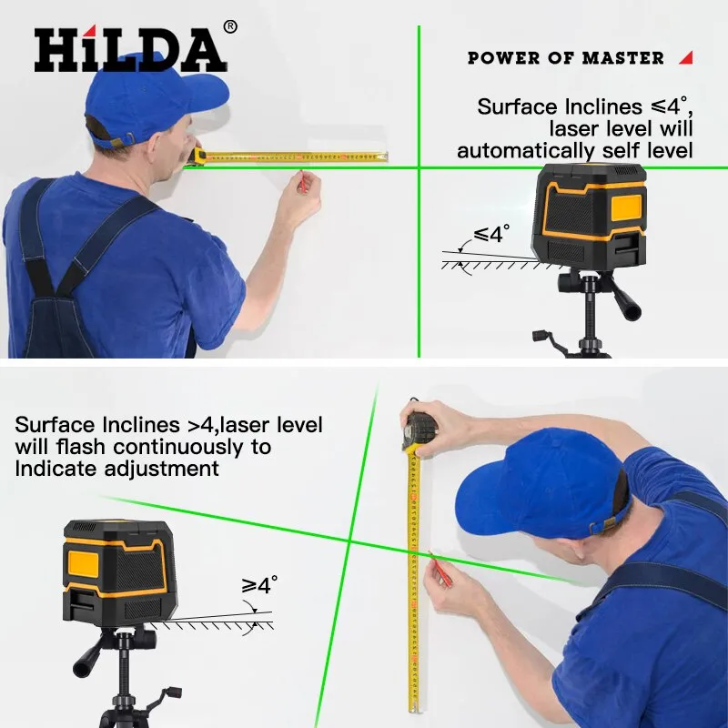 HILDA 2 Lines Laser Level Self-Leveling Horizontal And Vertical Cross Super Powerful Green Laser Beam Line