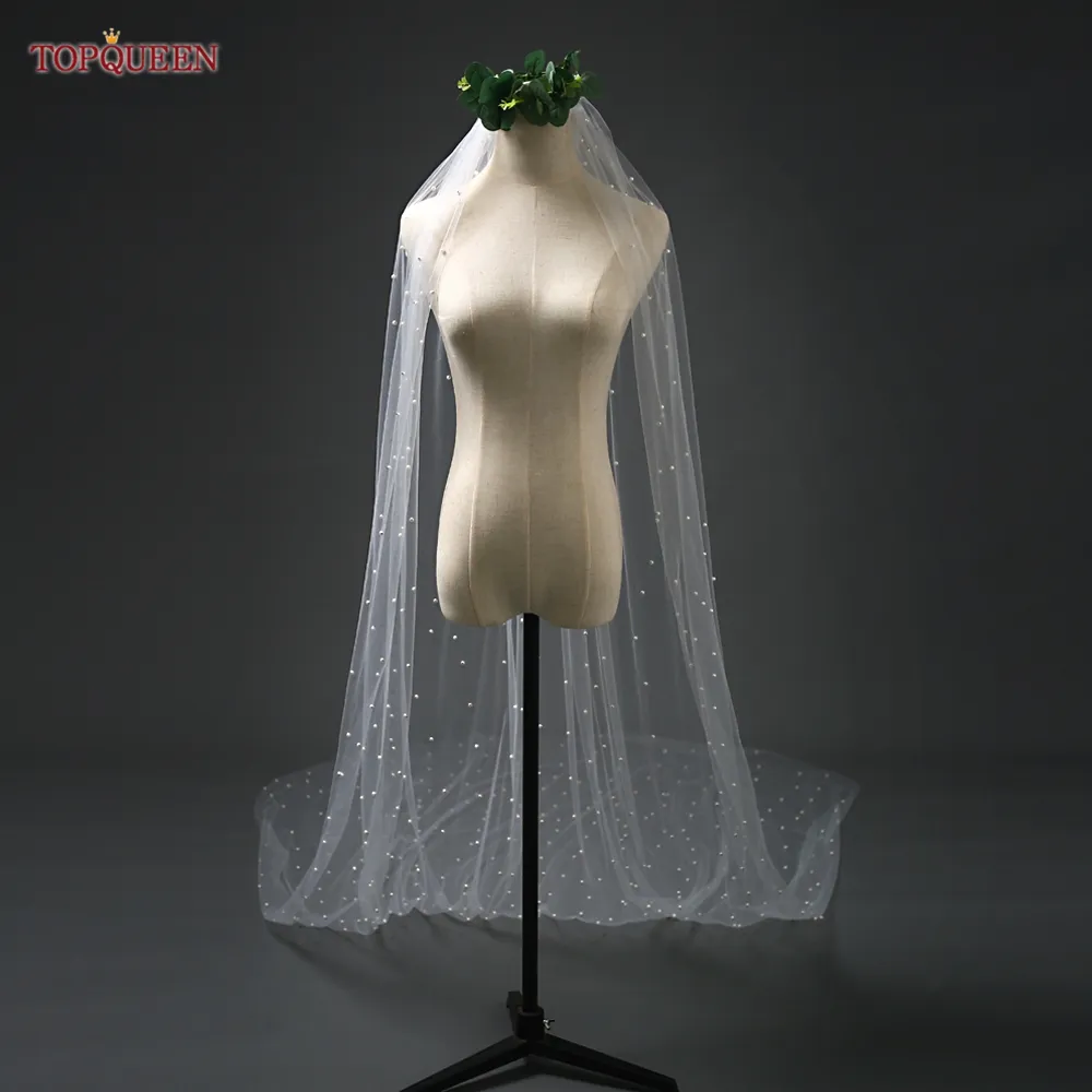 TOPQUEEN V05 Pearls Bridal Veil Soft 1 Tier Beaded Wedding Veil for Bride Cathedral Length with Comb Wedding Accessories