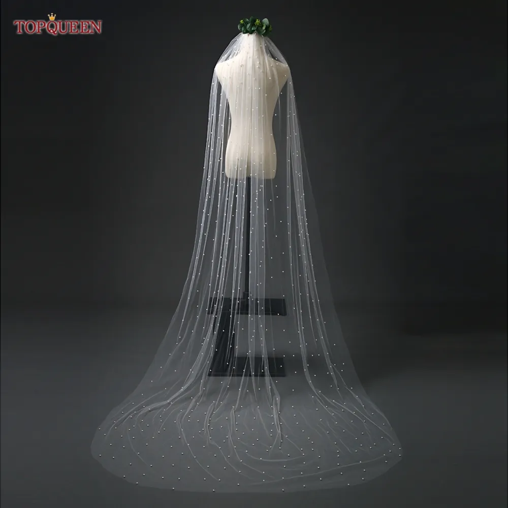 TOPQUEEN V05 Pearls Bridal Veil Soft 1 Tier Beaded Wedding Veil for Bride Cathedral Length with Comb Wedding Accessories