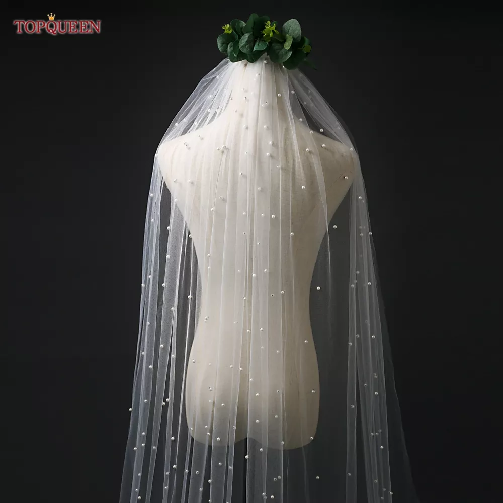 TOPQUEEN V05 Pearls Bridal Veil Soft 1 Tier Beaded Wedding Veil for Bride Cathedral Length with Comb Wedding Accessories