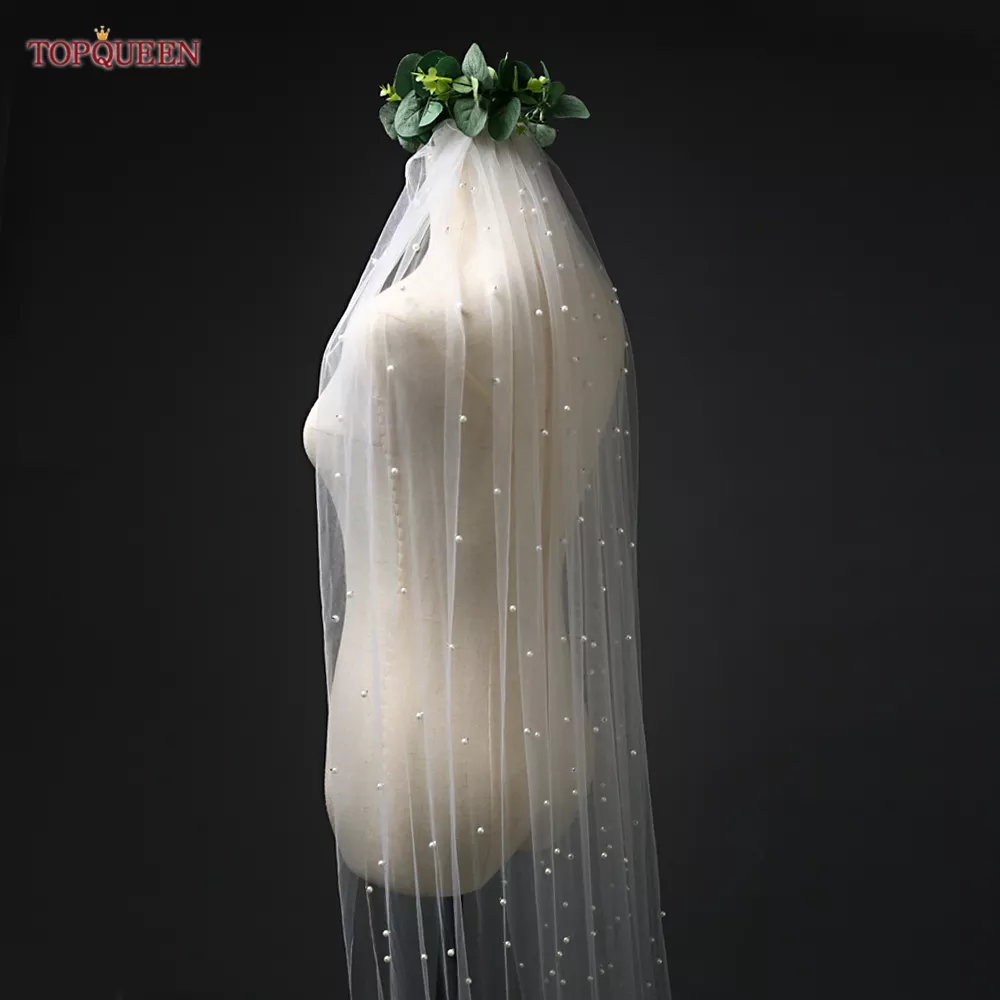 TOPQUEEN V05 Pearls Bridal Veil Soft 1 Tier Beaded Wedding Veil for Bride Cathedral Length with Comb Wedding Accessories