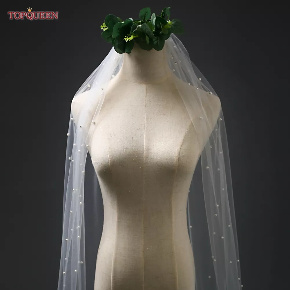 TOPQUEEN V05 Pearls Bridal Veil Soft 1 Tier Beaded Wedding Veil for Bride Cathedral Length with Comb Wedding Accessories