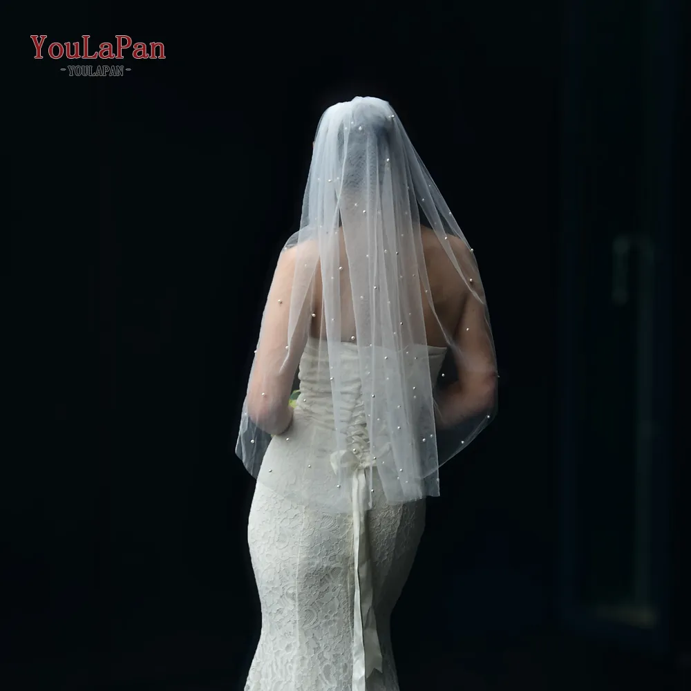 TOPQUEEN V05 Pearls Bridal Veil Soft 1 Tier Beaded Wedding Veil for Bride Cathedral Length with Comb Wedding Accessories