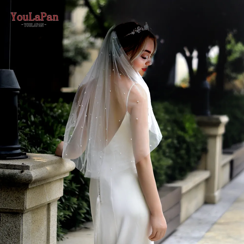 TOPQUEEN V05 Pearls Bridal Veil Soft 1 Tier Beaded Wedding Veil for Bride Cathedral Length with Comb Wedding Accessories