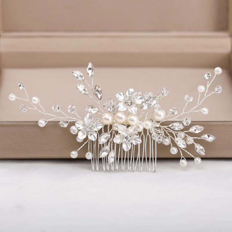 Silver Color Flower Hair Comb Clip Girls Handmade Alloy Pearl Hairpin Bridal Tiaras Wedding Hair Accessory Crystal Hair Jewelry