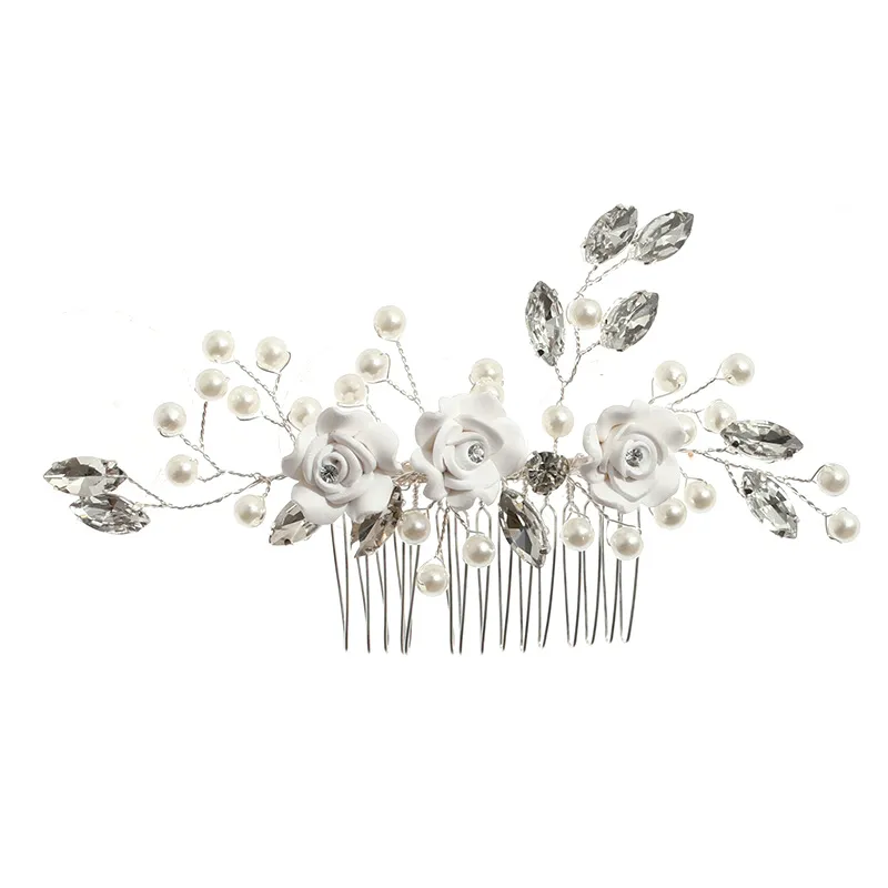 Silver Color Flower Hair Comb Clip Girls Handmade Alloy Pearl Hairpin Bridal Tiaras Wedding Hair Accessory Crystal Hair Jewelry