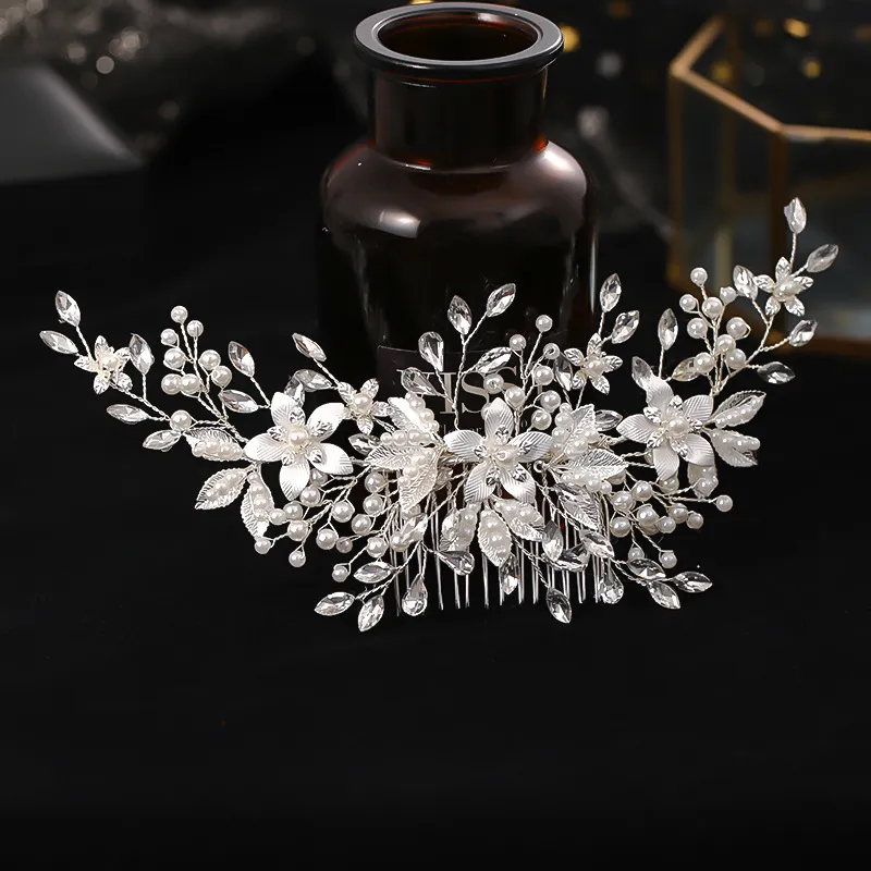 Silver Color Flower Hair Comb Clip Girls Handmade Alloy Pearl Hairpin Bridal Tiaras Wedding Hair Accessory Crystal Hair Jewelry