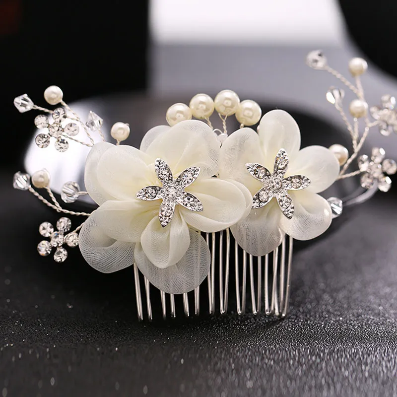 Silver Color Flower Hair Comb Clip Girls Handmade Alloy Pearl Hairpin Bridal Tiaras Wedding Hair Accessory Crystal Hair Jewelry