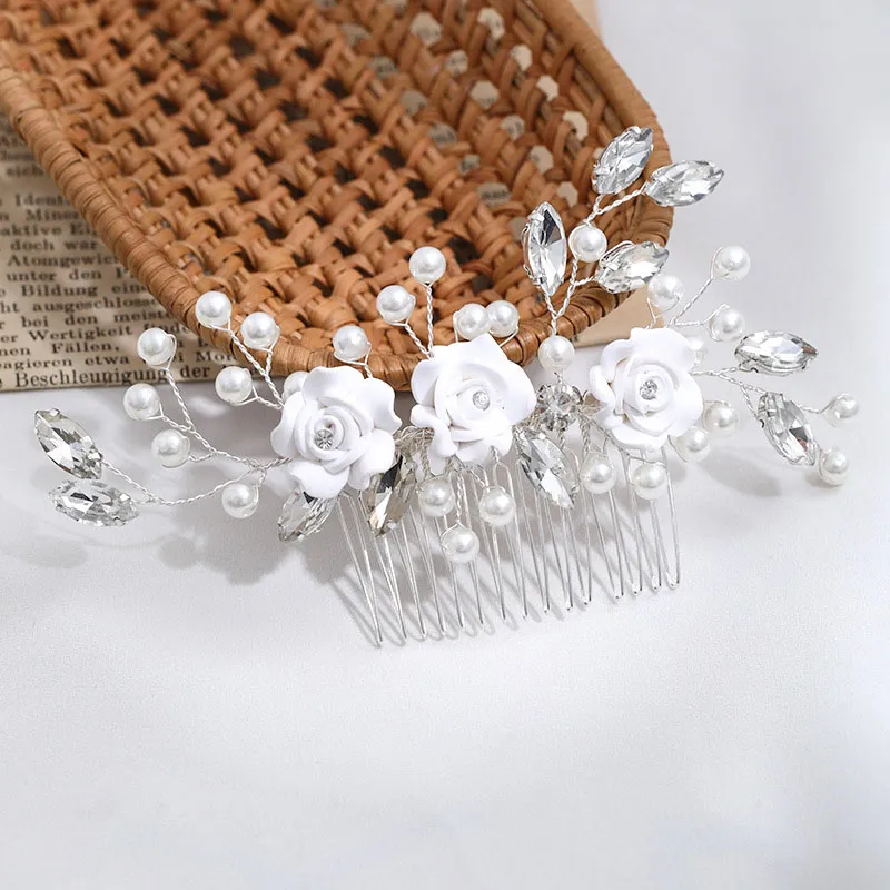 Silver Color Flower Hair Comb Clip Girls Handmade Alloy Pearl Hairpin Bridal Tiaras Wedding Hair Accessory Crystal Hair Jewelry