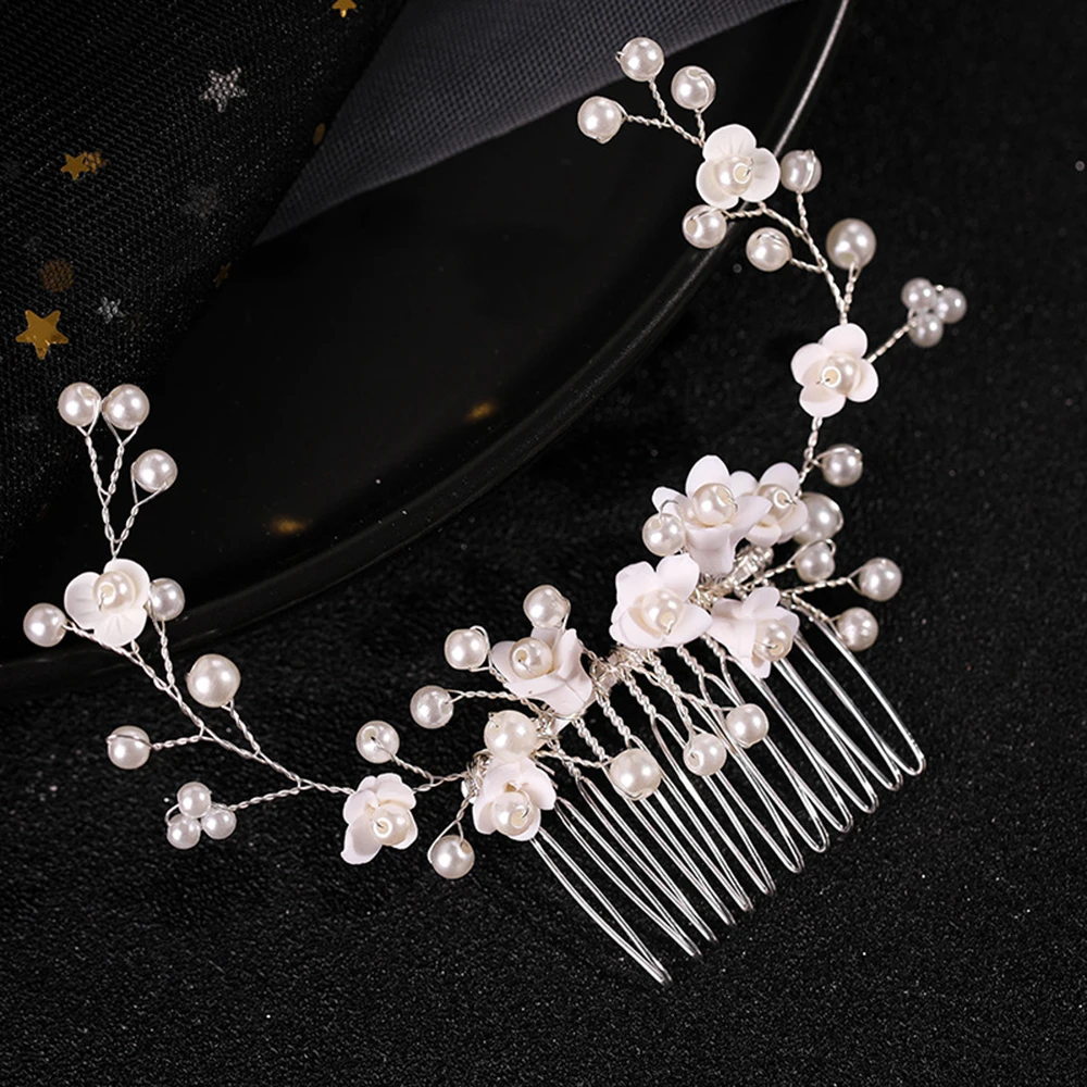 Silver Color Flower Hair Comb Clip Girls Handmade Alloy Pearl Hairpin Bridal Tiaras Wedding Hair Accessory Crystal Hair Jewelry