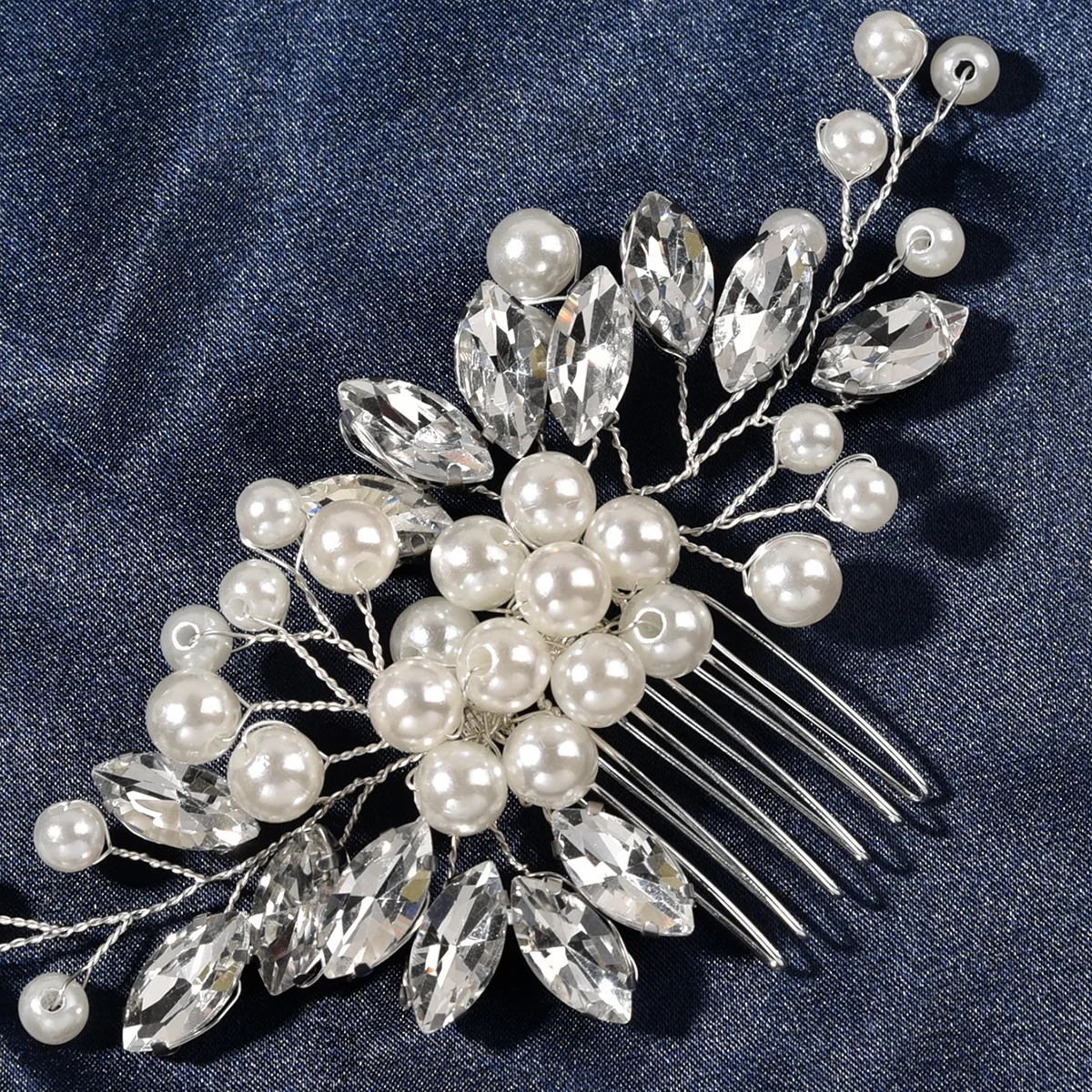 Silver Color Flower Hair Comb Clip Girls Handmade Alloy Pearl Hairpin Bridal Tiaras Wedding Hair Accessory Crystal Hair Jewelry