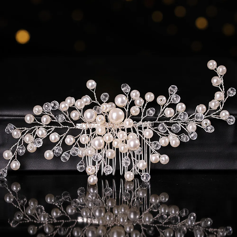 Silver Color Flower Hair Comb Clip Girls Handmade Alloy Pearl Hairpin Bridal Tiaras Wedding Hair Accessory Crystal Hair Jewelry