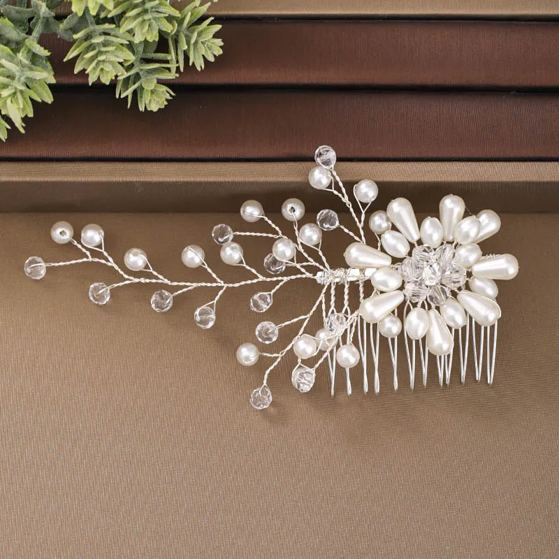 Silver Color Flower Hair Comb Clip Girls Handmade Alloy Pearl Hairpin Bridal Tiaras Wedding Hair Accessory Crystal Hair Jewelry