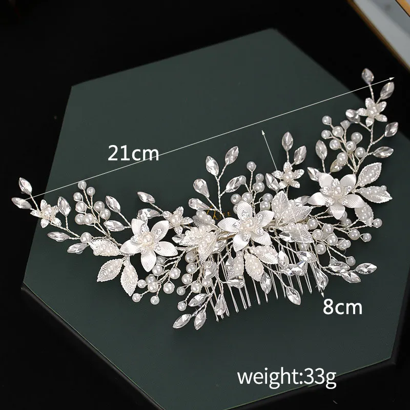 Silver Color Flower Hair Comb Clip Girls Handmade Alloy Pearl Hairpin Bridal Tiaras Wedding Hair Accessory Crystal Hair Jewelry