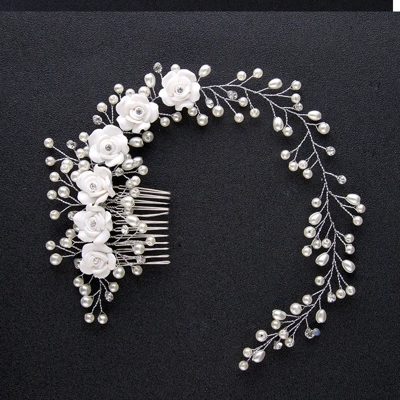 Silver Color Flower Hair Comb Clip Girls Handmade Alloy Pearl Hairpin Bridal Tiaras Wedding Hair Accessory Crystal Hair Jewelry