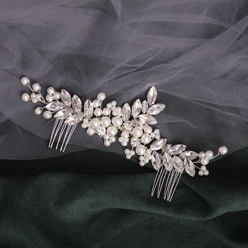 Silver Color Flower Hair Comb Clip Girls Handmade Alloy Pearl Hairpin Bridal Tiaras Wedding Hair Accessory Crystal Hair Jewelry