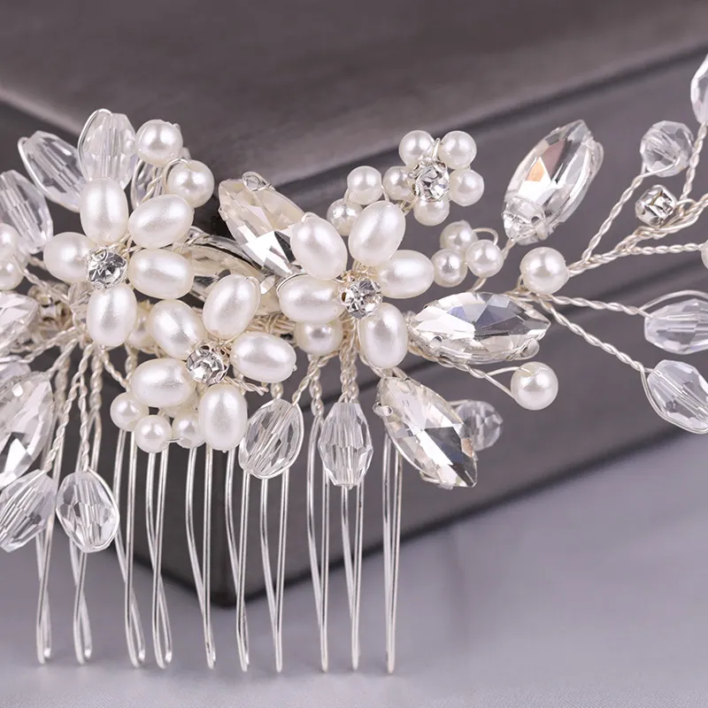 Trendy Tiara Wedding Hair Comb Flower Bridal Hairpins Pearl Rhinestone Head Jewelry Lady Wedding Hair Accessories Marrige bijoux