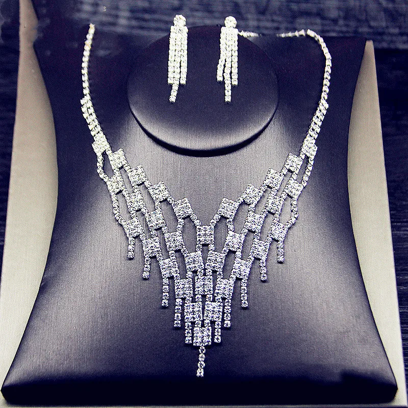 FYUAN Luxury Geometric Rhinestone Necklace Earrings For Women Long Tassel Jewelry Sets Ladies Weddings Banquet Accessory