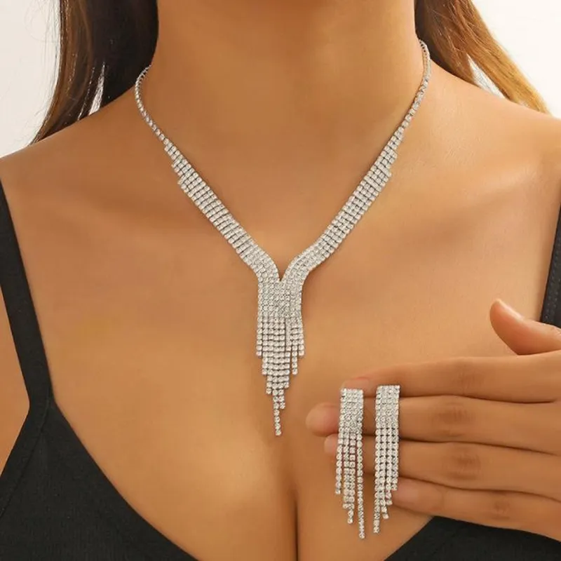 FYUAN Luxury Geometric Rhinestone Necklace Earrings For Women Long Tassel Jewelry Sets Ladies Weddings Banquet Accessory