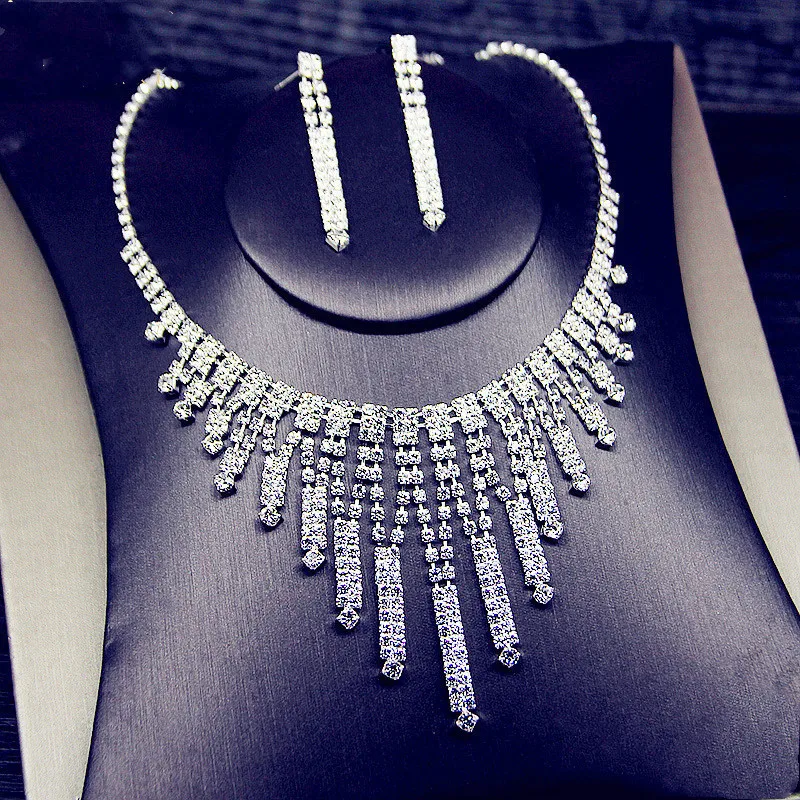 FYUAN Luxury Geometric Rhinestone Necklace Earrings For Women Long Tassel Jewelry Sets Ladies Weddings Banquet Accessory