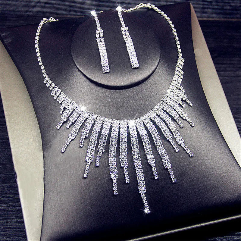 FYUAN Luxury Geometric Rhinestone Necklace Earrings For Women Long Tassel Jewelry Sets Ladies Weddings Banquet Accessory