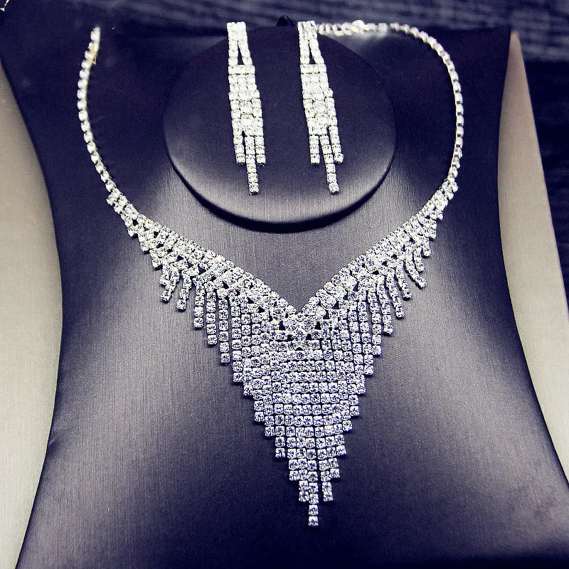 FYUAN Luxury Geometric Rhinestone Necklace Earrings For Women Long Tassel Jewelry Sets Ladies Weddings Banquet Accessory