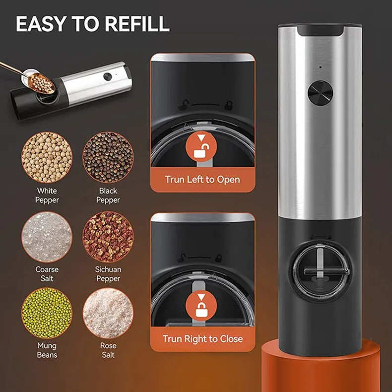 Electric Salt Grinder Set USB Rechargeable Electric Pepper Mill With LED Light Adjustable Coarseness Kitchen Tools