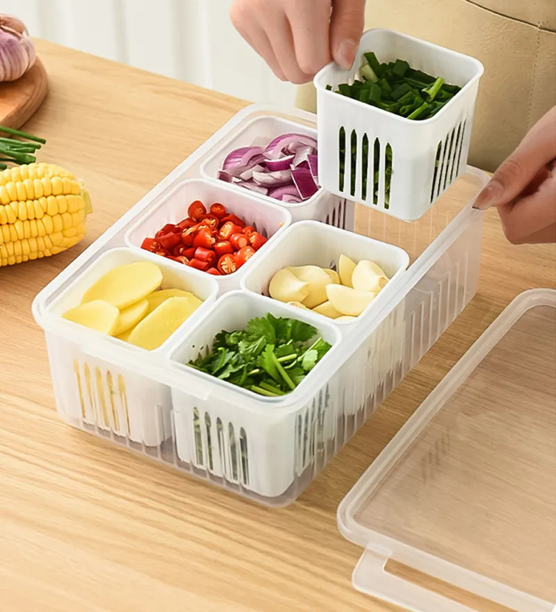 Refrigerator Storage Box 4/6 Grid Food Vegetable Fruit Storage Box Fridge Organizer Drain Basket Meat Onion Ginger Clear Crisper