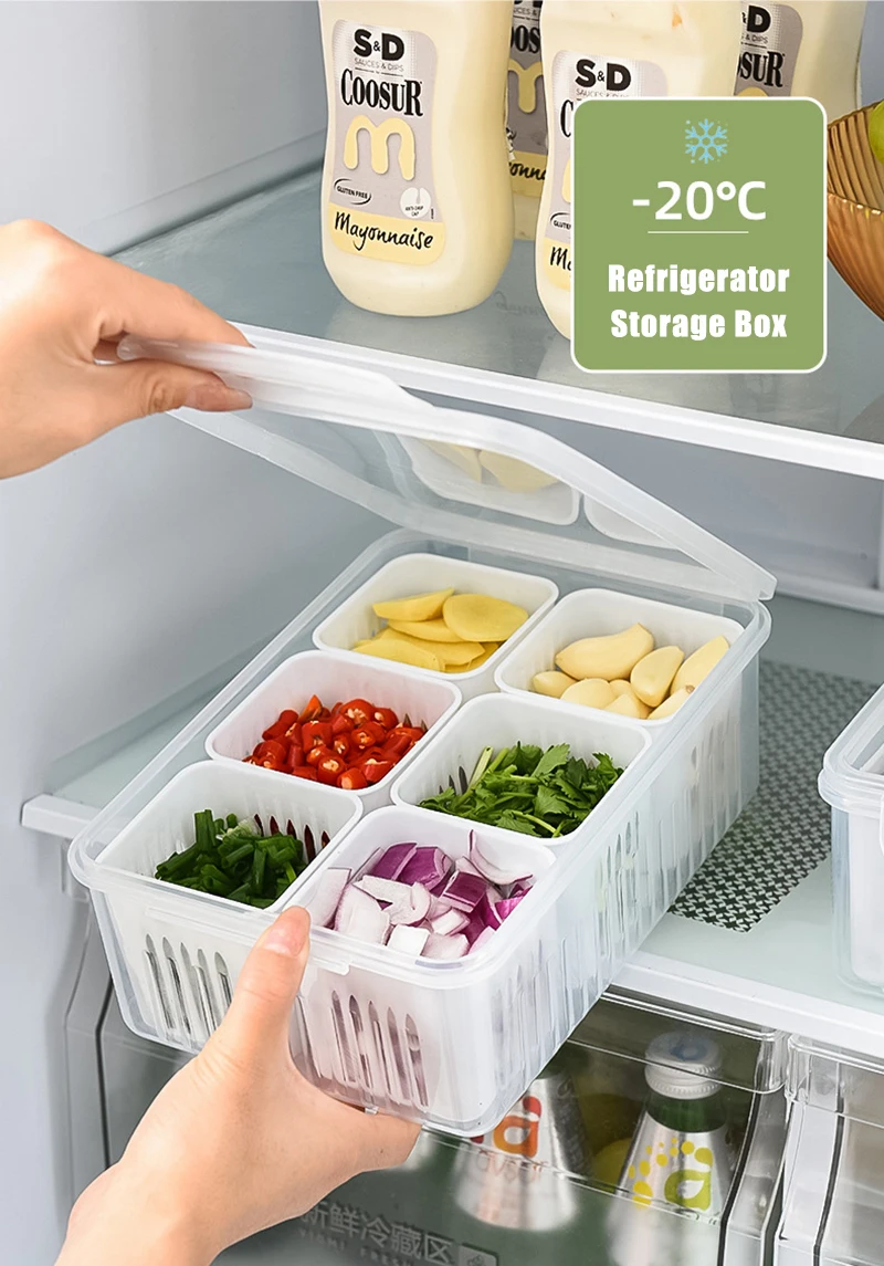 Refrigerator Storage Box 4/6 Grid Food Vegetable Fruit Storage Box Fridge Organizer Drain Basket Meat Onion Ginger Clear Crisper