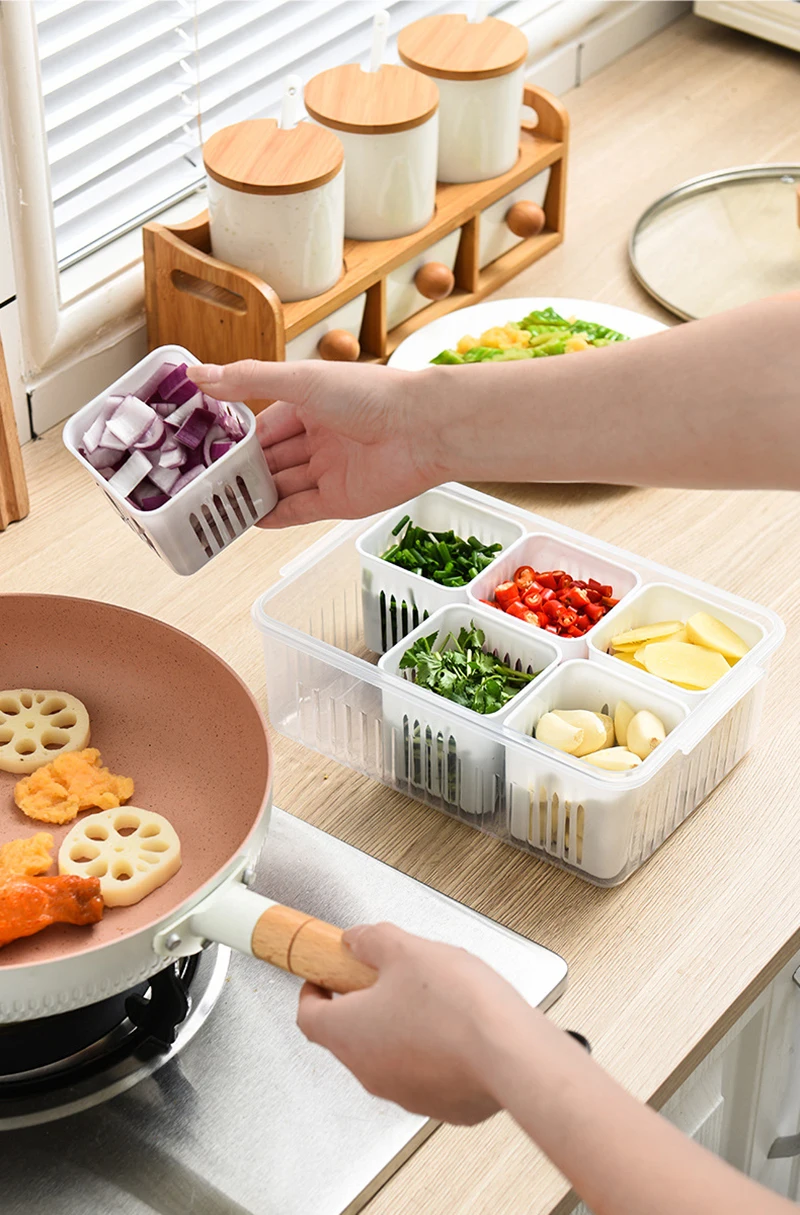 Refrigerator Storage Box 4/6 Grid Food Vegetable Fruit Storage Box Fridge Organizer Drain Basket Meat Onion Ginger Clear Crisper