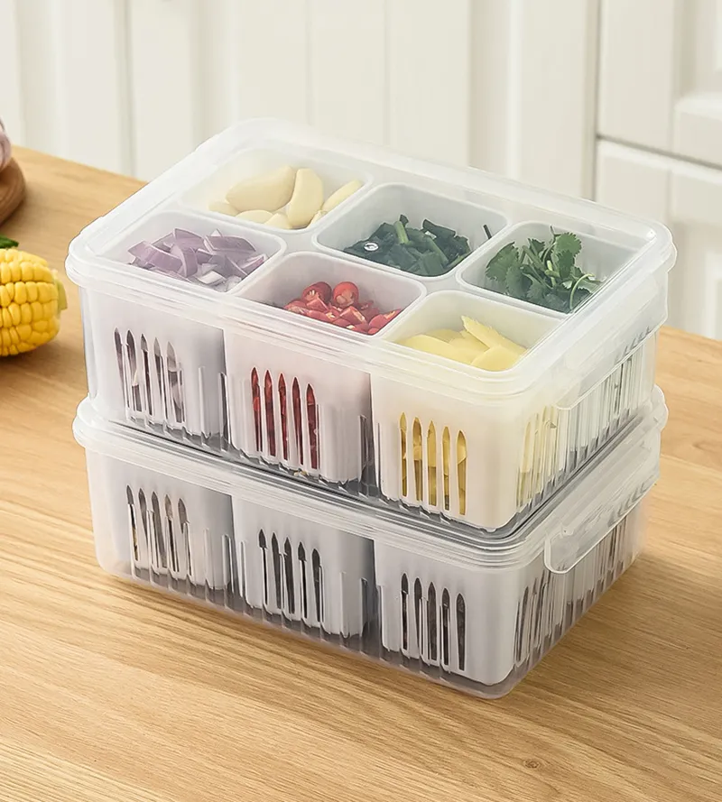 Refrigerator Storage Box 4/6 Grid Food Vegetable Fruit Storage Box Fridge Organizer Drain Basket Meat Onion Ginger Clear Crisper