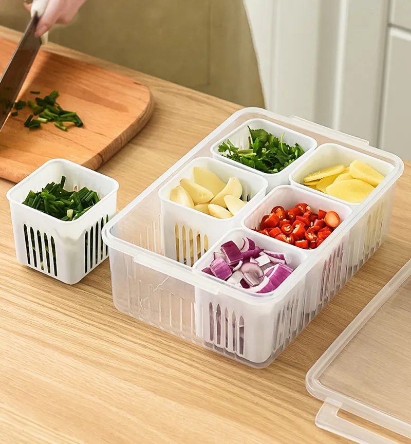 Refrigerator Storage Box 4/6 Grid Food Vegetable Fruit Storage Box Fridge Organizer Drain Basket Meat Onion Ginger Clear Crisper