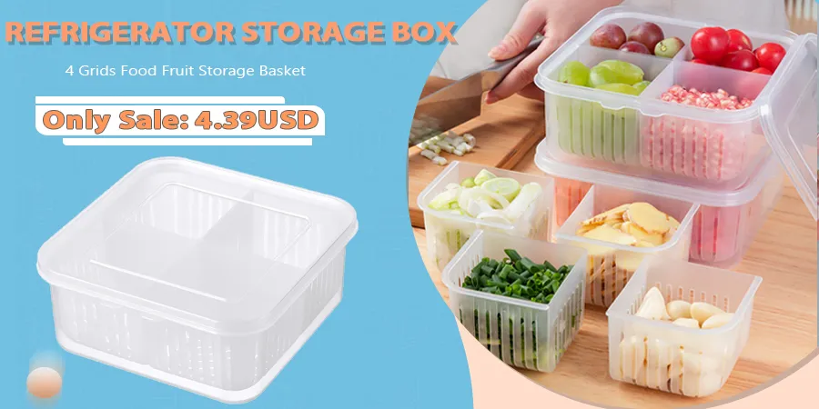 Refrigerator Storage Box 4/6 Grid Food Vegetable Fruit Storage Box Fridge Organizer Drain Basket Meat Onion Ginger Clear Crisper