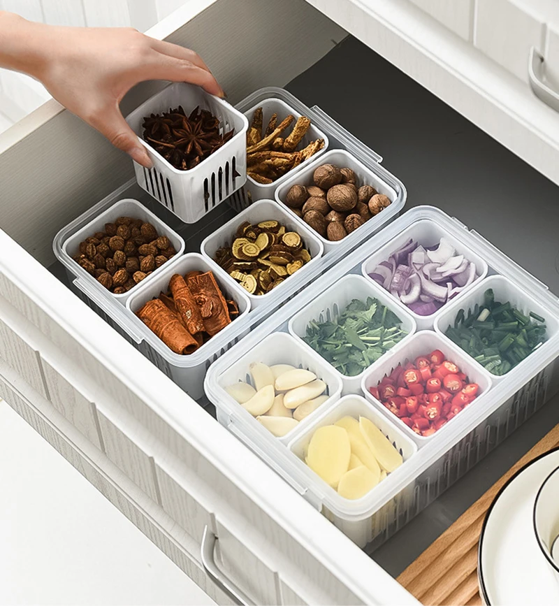 Refrigerator Storage Box 4/6 Grid Food Vegetable Fruit Storage Box Fridge Organizer Drain Basket Meat Onion Ginger Clear Crisper