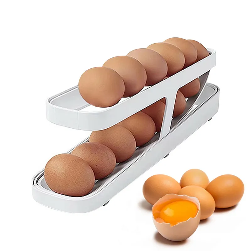 Automatic Scrolling Egg Rack Holder Storage Box Egg Basket Container Organizer Rolldown Refrigerator Egg Dispenser For Kitchen