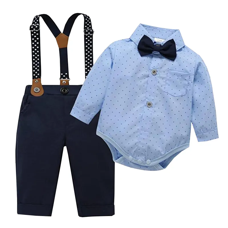 3 6 12 18 24M Infant Bodysuit Sets Formal Wedding Clothing for Baby Boy Outfit Suspender Suit Toddler Kid Birthday Party Costume