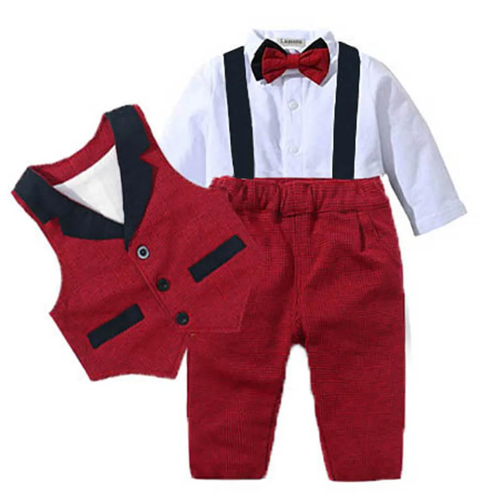 Baby Suits Newborn Boy Clothes Romper + Vest Infant Formal Clothing Outfit Party Bow Tie Children Toddler Birthday Dress 0- 24 M