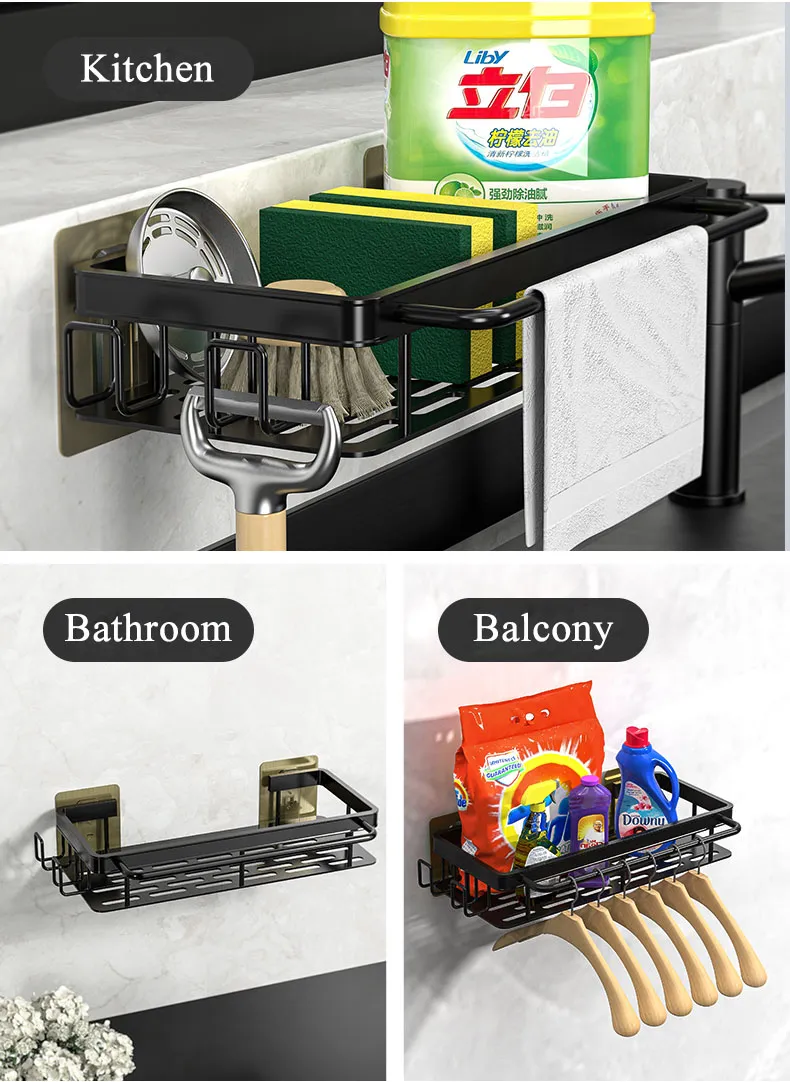 Space Aluminum Kitchen Storage Rack Sink Drain Rack Sponge Organizer Hanging Soap Drainer Shelf Basket Bathroom Shampoo Shelves