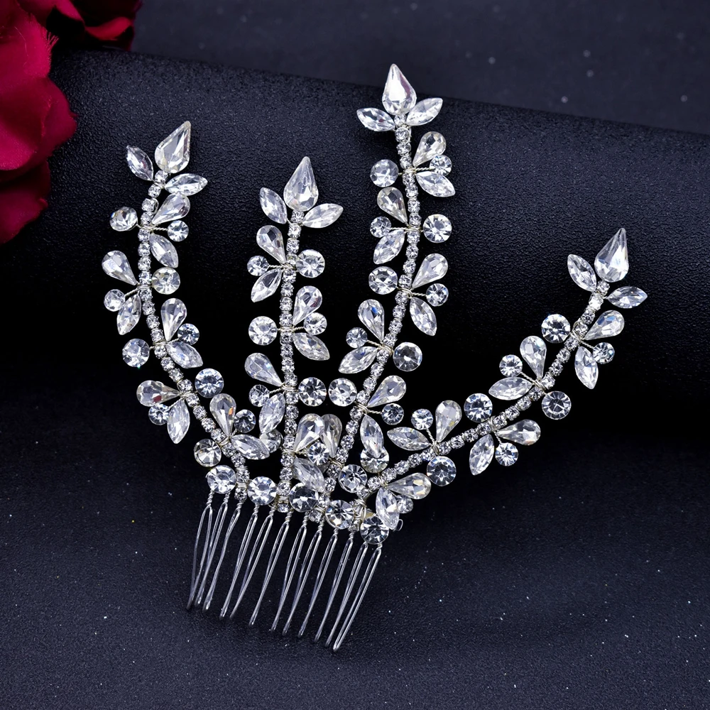 A25 Crystal Bridal Hair Jewelry Rhinestone Pageant Headbands Bride Hair Piece Alloy Leaf Comb Wedding Headpiece for Women Tiaras