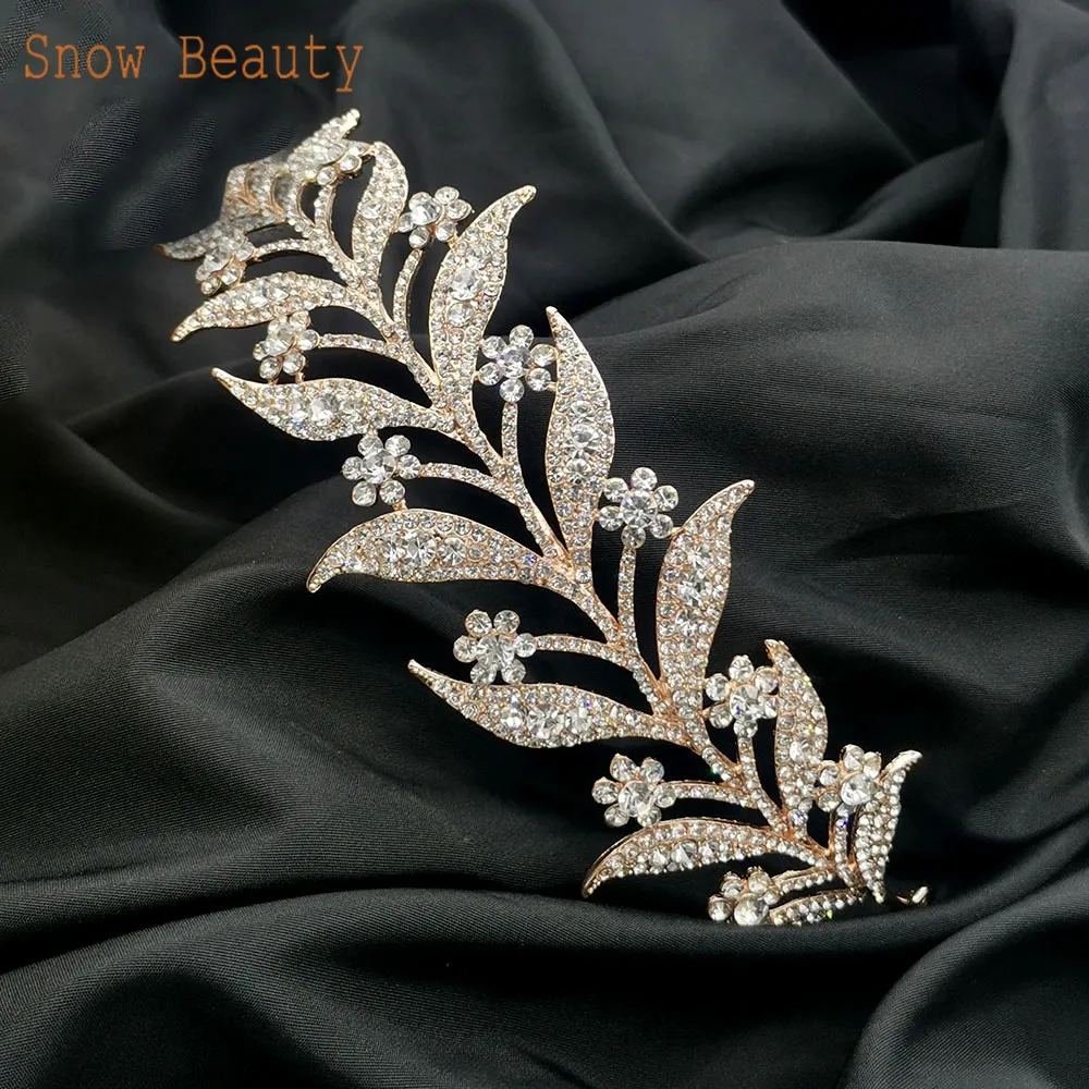 A25 Crystal Bridal Hair Jewelry Rhinestone Pageant Headbands Bride Hair Piece Alloy Leaf Comb Wedding Headpiece for Women Tiaras