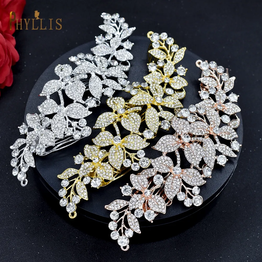 A25 Crystal Bridal Hair Jewelry Rhinestone Pageant Headbands Bride Hair Piece Alloy Leaf Comb Wedding Headpiece for Women Tiaras