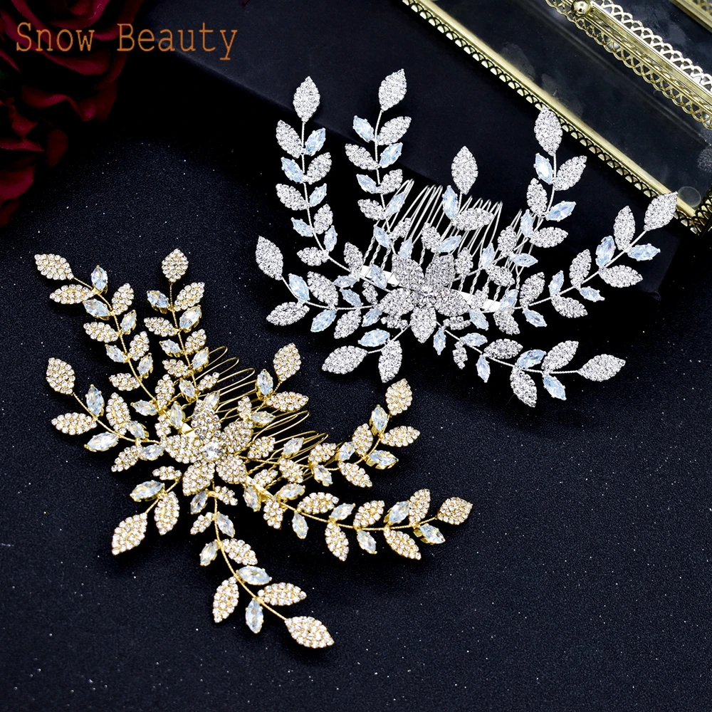 A25 Crystal Bridal Hair Jewelry Rhinestone Pageant Headbands Bride Hair Piece Alloy Leaf Comb Wedding Headpiece for Women Tiaras