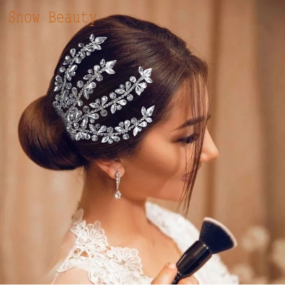 A25 Crystal Bridal Hair Jewelry Rhinestone Pageant Headbands Bride Hair Piece Alloy Leaf Comb Wedding Headpiece for Women Tiaras