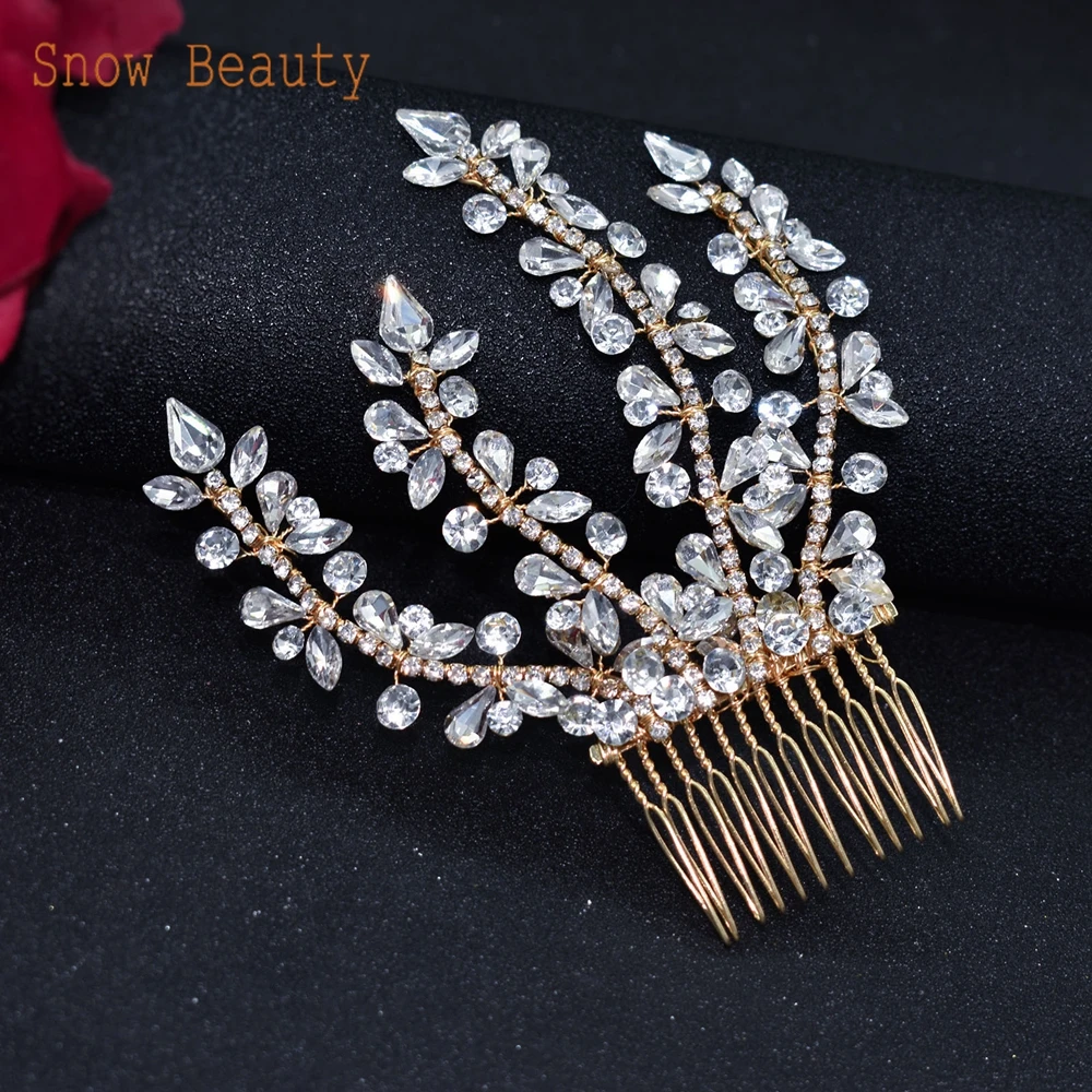 A25 Crystal Bridal Hair Jewelry Rhinestone Pageant Headbands Bride Hair Piece Alloy Leaf Comb Wedding Headpiece for Women Tiaras