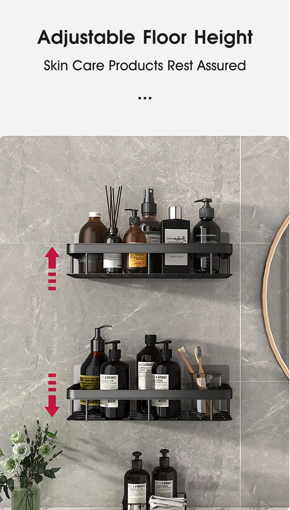 Bathroom Shelf No-drill Wall Mounted Shelves Shampoo Storage Rack Holder for Shower Square Aluminum Bath Organizer Accessories