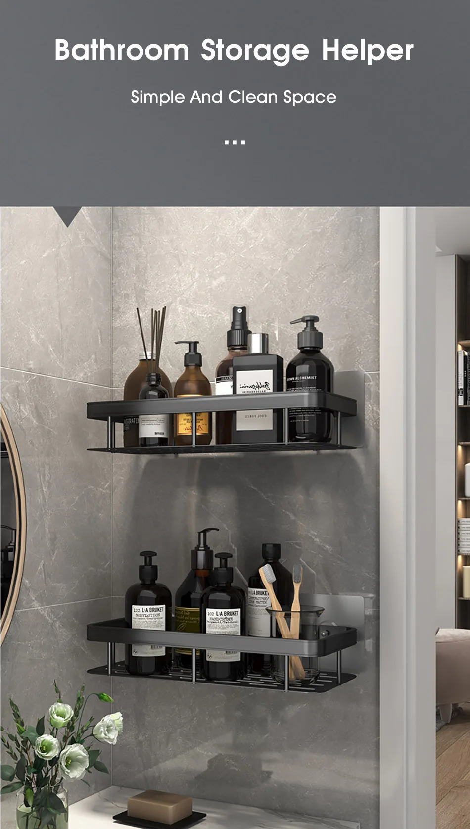 Bathroom Shelf No-drill Wall Mounted Shelves Shampoo Storage Rack Holder for Shower Square Aluminum Bath Organizer Accessories