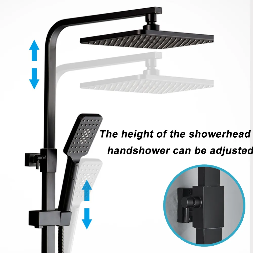 Black Brass Shower Faucet Set Rainfall Bathtub Tap With Bathroom Shelf 4 Functions Height Adjust Shower Mixer Crane Fast Delivey