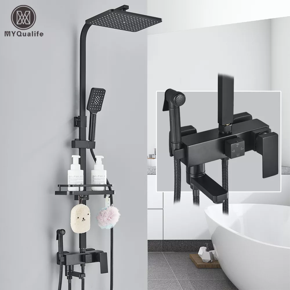 Black Brass Shower Faucet Set Rainfall Bathtub Tap With Bathroom Shelf 4 Functions Height Adjust Shower Mixer Crane Fast Delivey