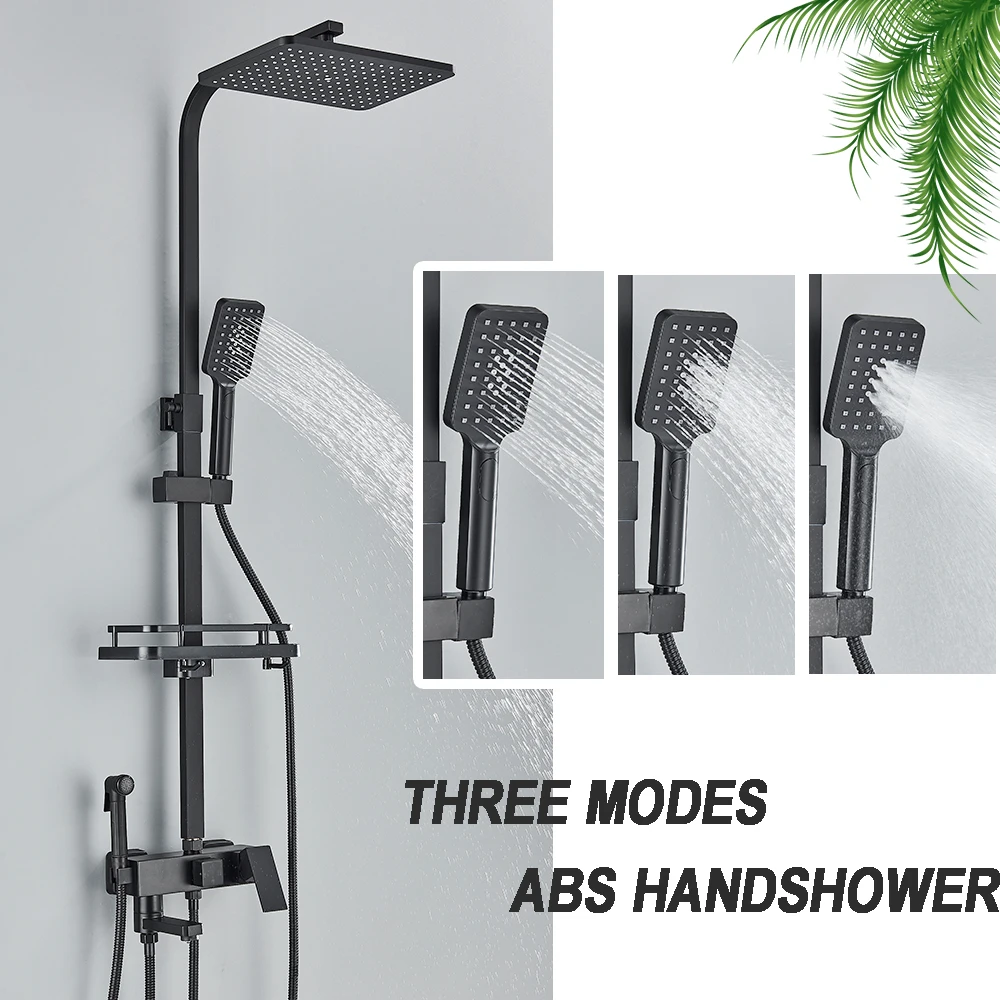 Black Brass Shower Faucet Set Rainfall Bathtub Tap With Bathroom Shelf 4 Functions Height Adjust Shower Mixer Crane Fast Delivey