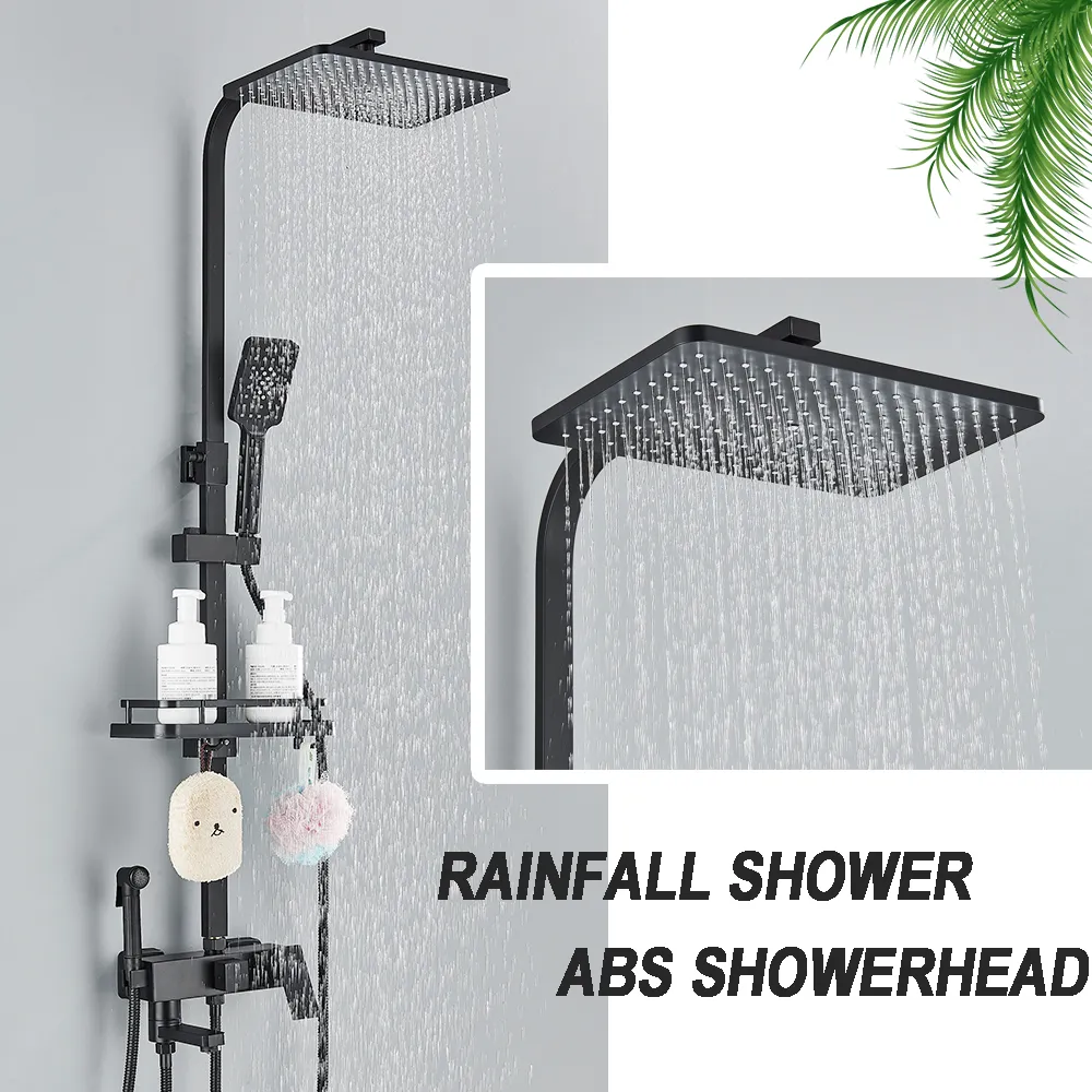 Black Brass Shower Faucet Set Rainfall Bathtub Tap With Bathroom Shelf 4 Functions Height Adjust Shower Mixer Crane Fast Delivey